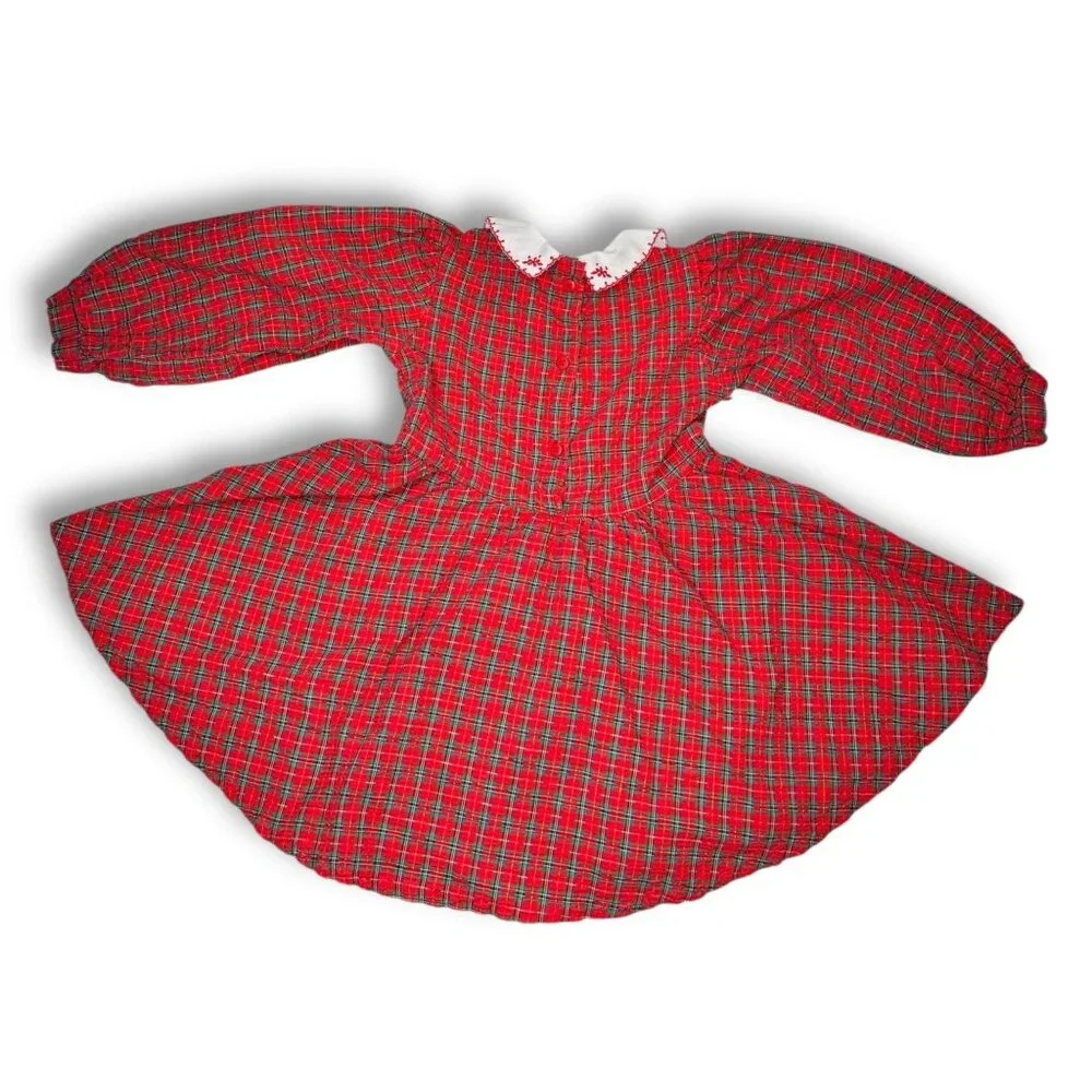 OshKosh BGosh 1980s Toddler Size 4 Red Plaid Cotton Dress Embroidered Collar